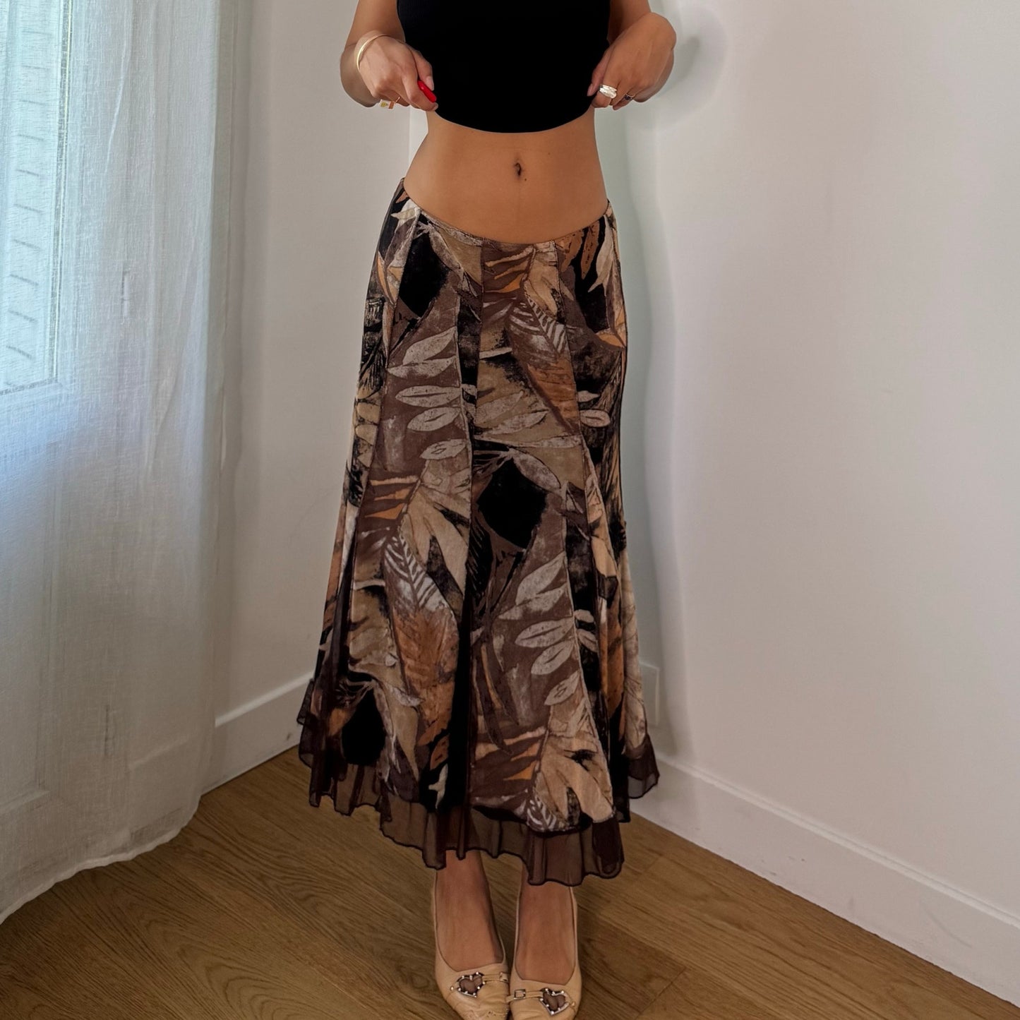 Vintage Brown Black Beige Leaf Print Mesh Midi Skirt Italian Y2K (S)