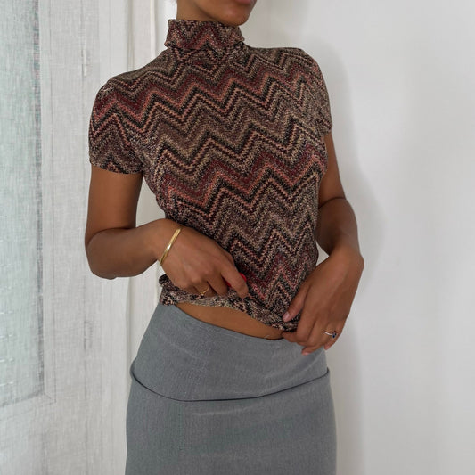 Italian Vintage Brown Burgundy Copper Metallic Chevron Zigzag Knit Short Sleeve Turtleneck Top
