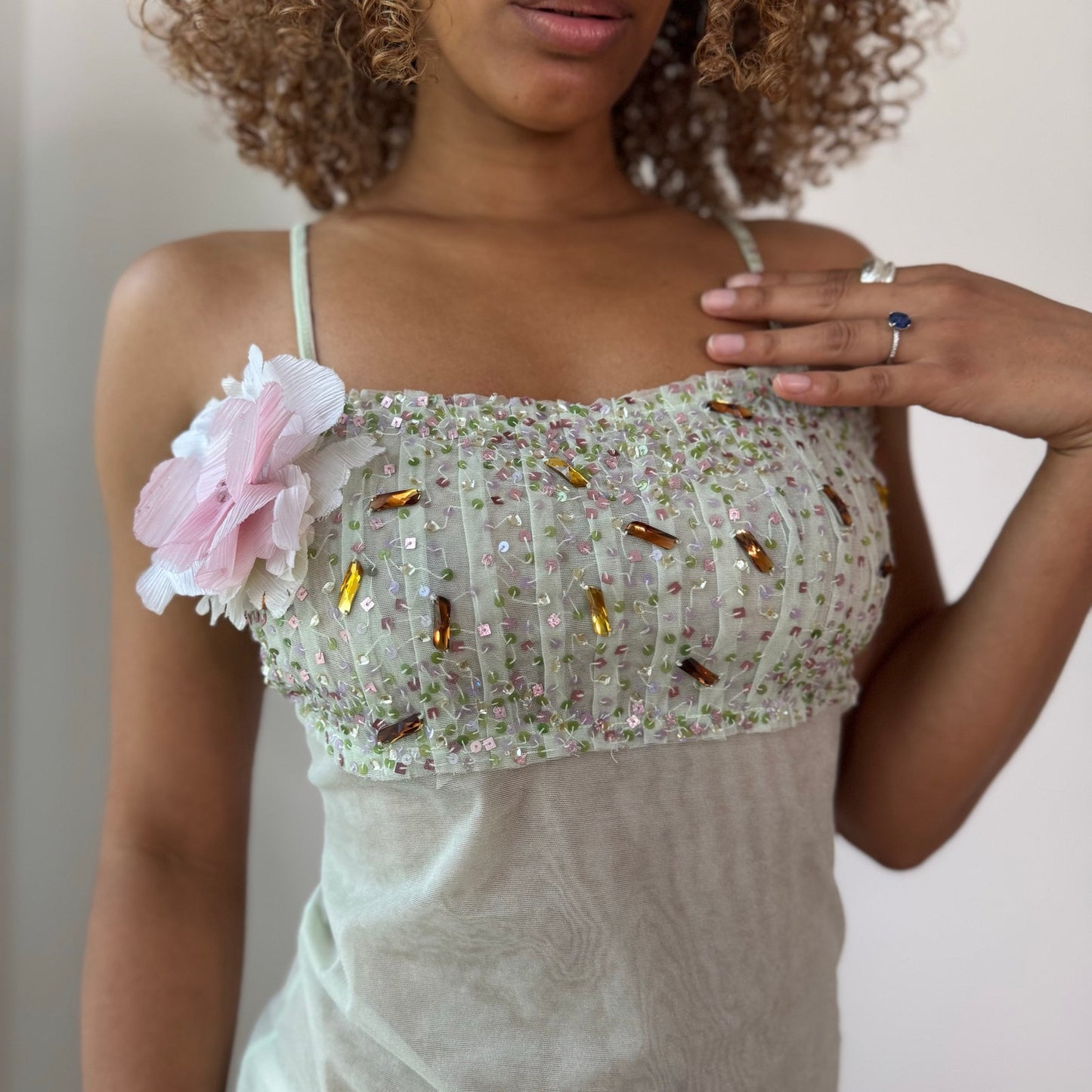 Vintage Mint Green Beaded Mesh Cami Top Floral Appliqué Deadstock Italian Y2K (S)