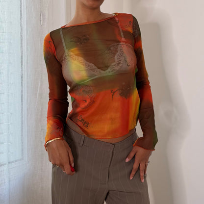 Euro Vintage Orange Brown Green Abstract Print Semi Sheer Mesh Long Sleeve Top
