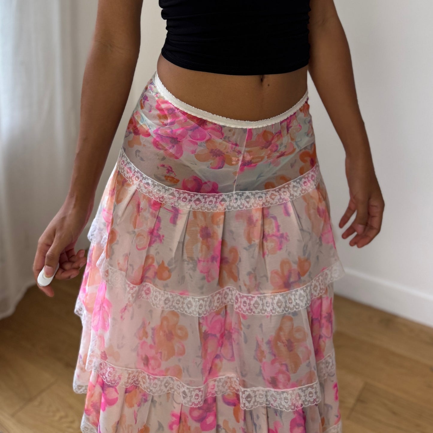 Vintage Euro floral mesh tiered lace-trim semi-sheer midi skirt (XS/S)