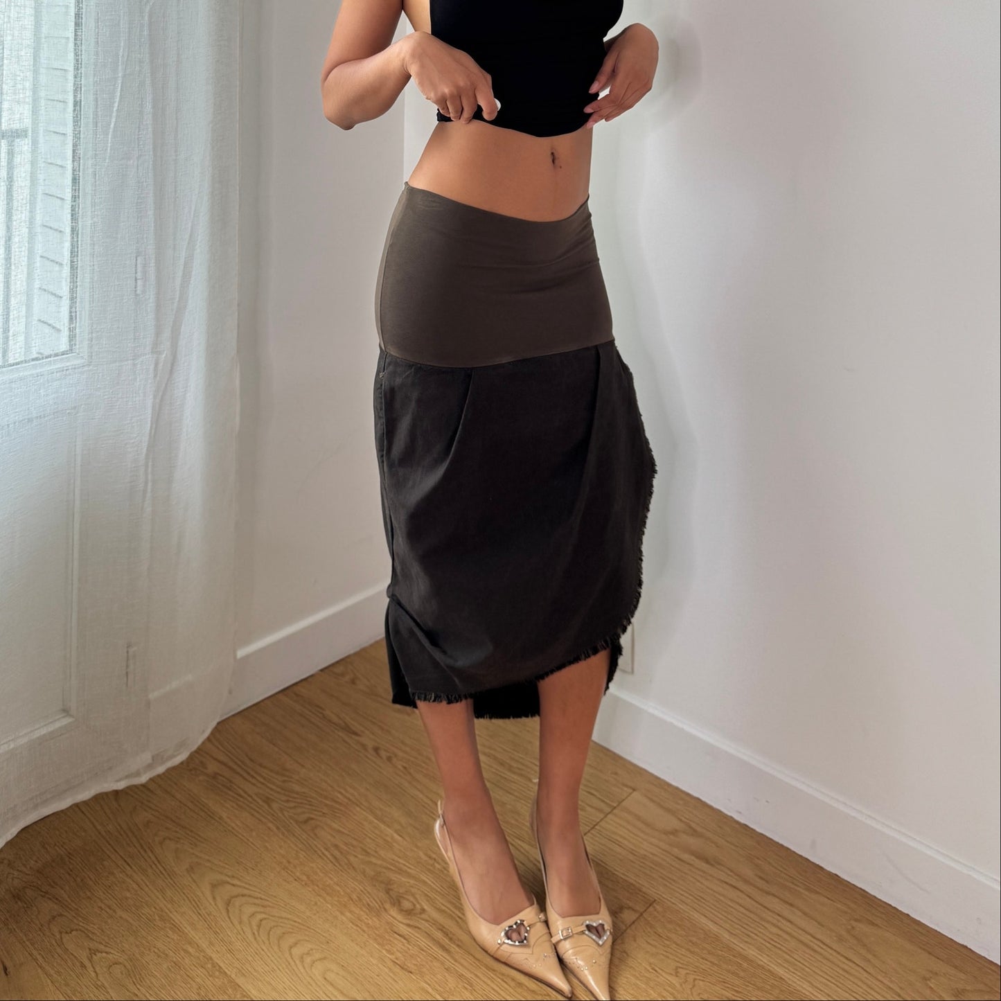 Vintage Olive Brown Asymmetrical Denim Midi Skirt Italian Y2K Avant Garde Skirt (S) ⠀