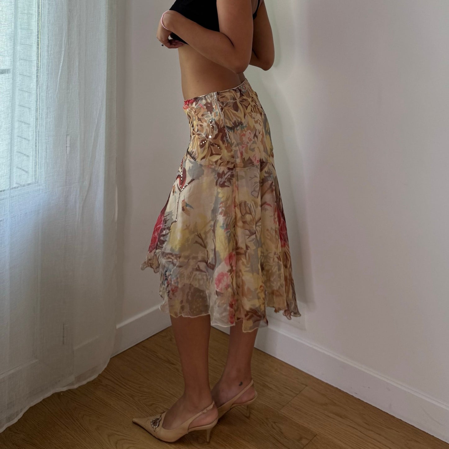 Vintage Beige Pink Floral Mesh Midi Skirt Italian Y2K (XS/S)