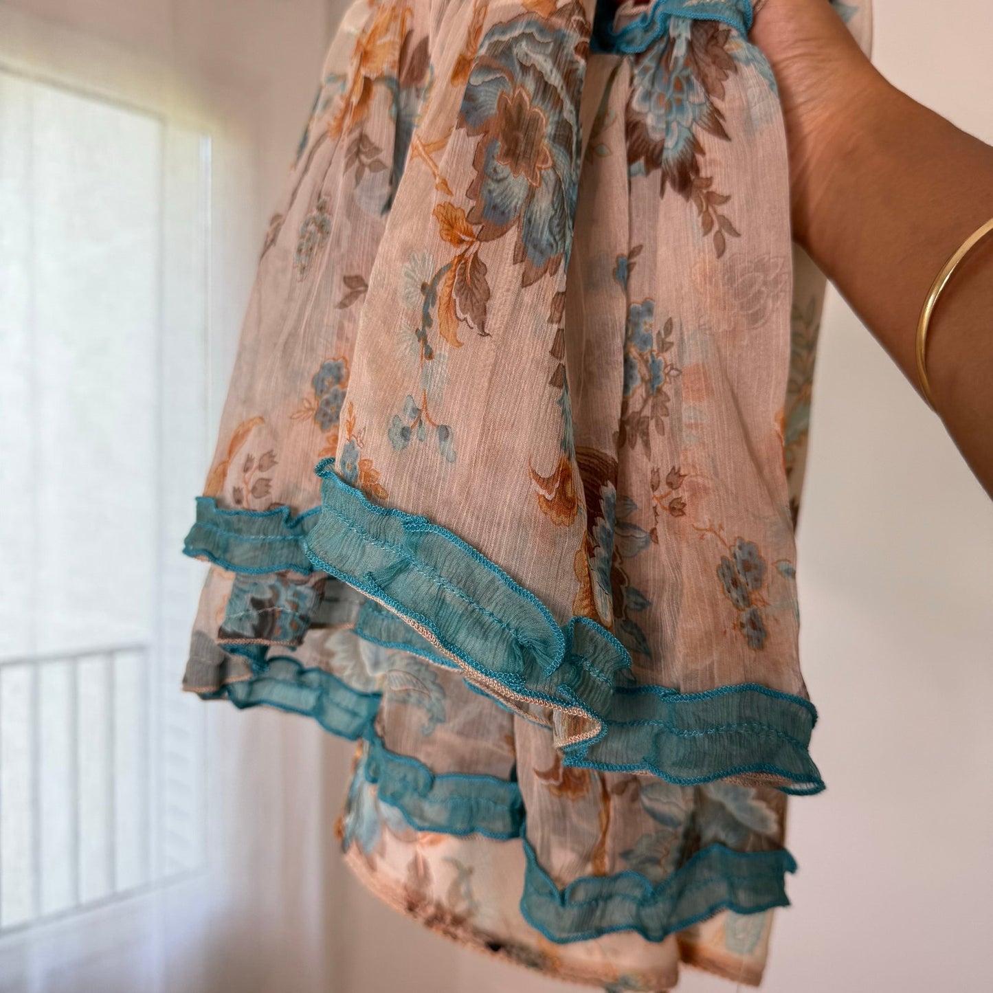 Vintage Silk Floral Mesh Ruffle Midi Skirt Italian Y2K (S)