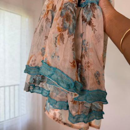 Vintage Silk Floral Mesh Ruffle Midi Skirt Italian Y2K (S)