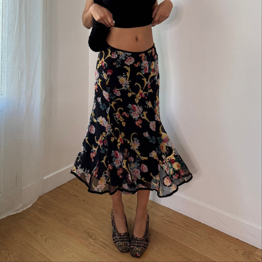 Vintage Y2K Black Floral Silk Mesh Midi Skirt by Monica Magni Made in Italy (S) ⠀