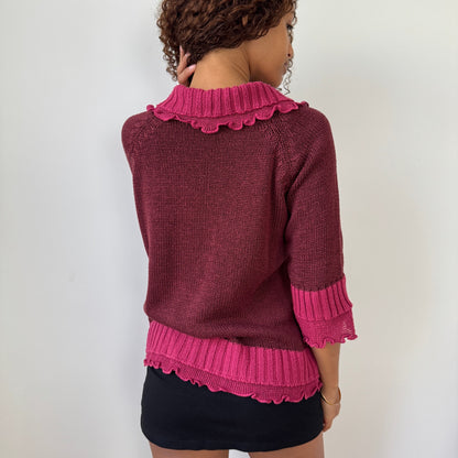 Vintage Jacqueline Riu French ruffled trim knit cardigan in berry & rose (Small)