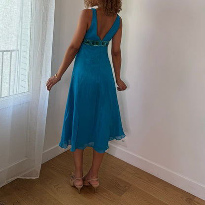 Vintage Turquoise Silk Beaded Empire Waist Midi Dress Italian Y2K (S)
