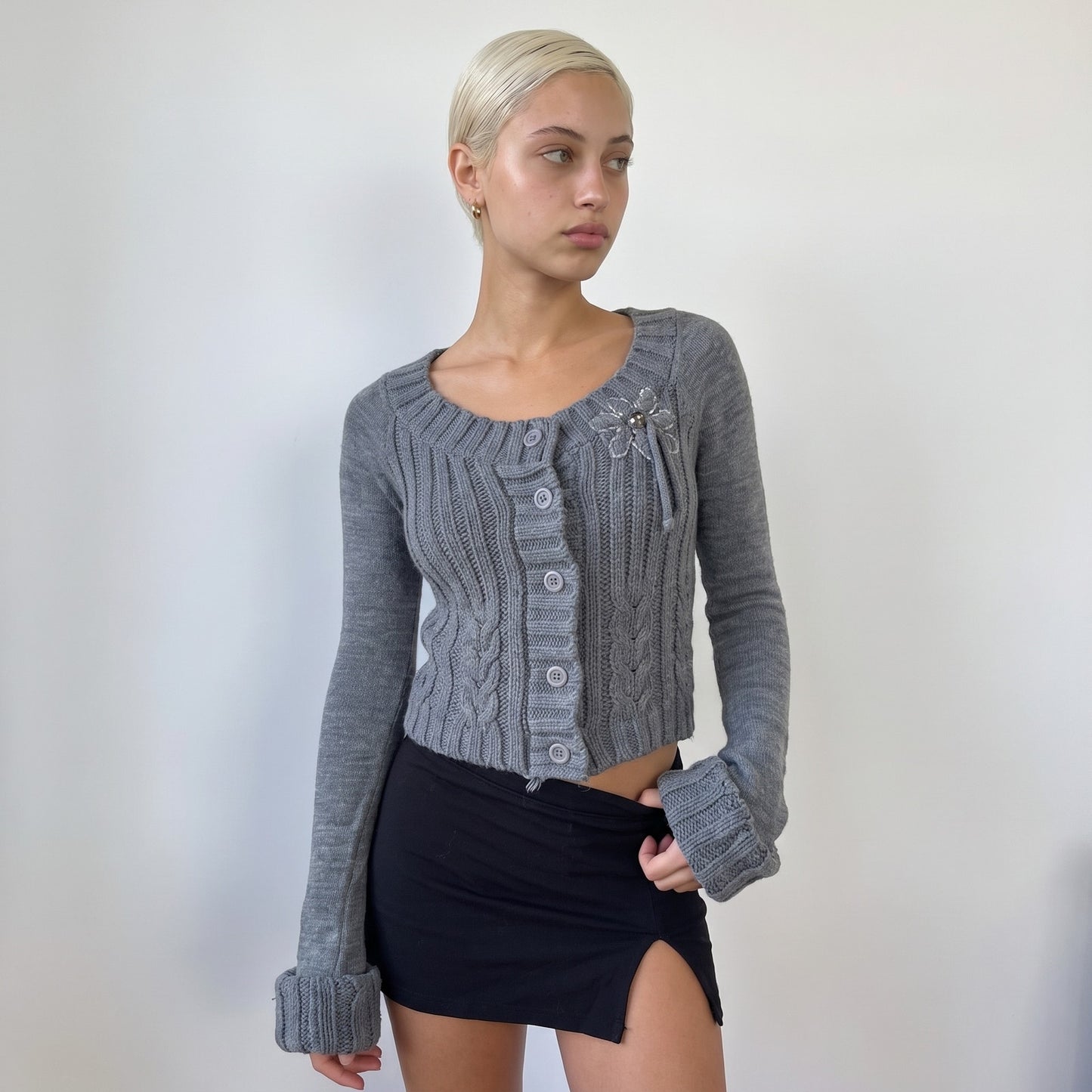 Vintage French grey cable knit cardigan with matching scarf and fringe hem (S)