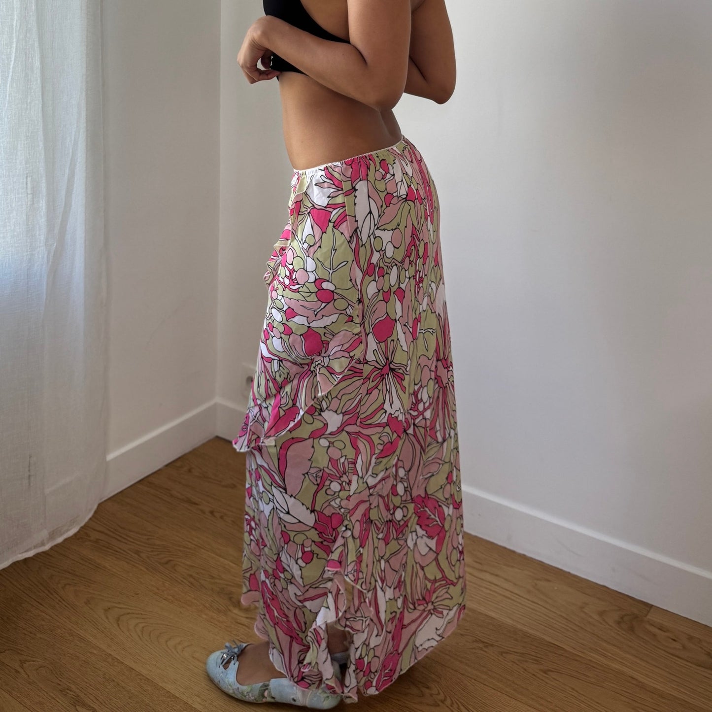 Vintage Pink Floral Mesh Ruffle Tiered Midi Skirt Euro Viscose (S)