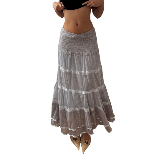 Vintage grey mesh tiered maxi skirt smocked waistband lace trim Italian Y2K (S)
