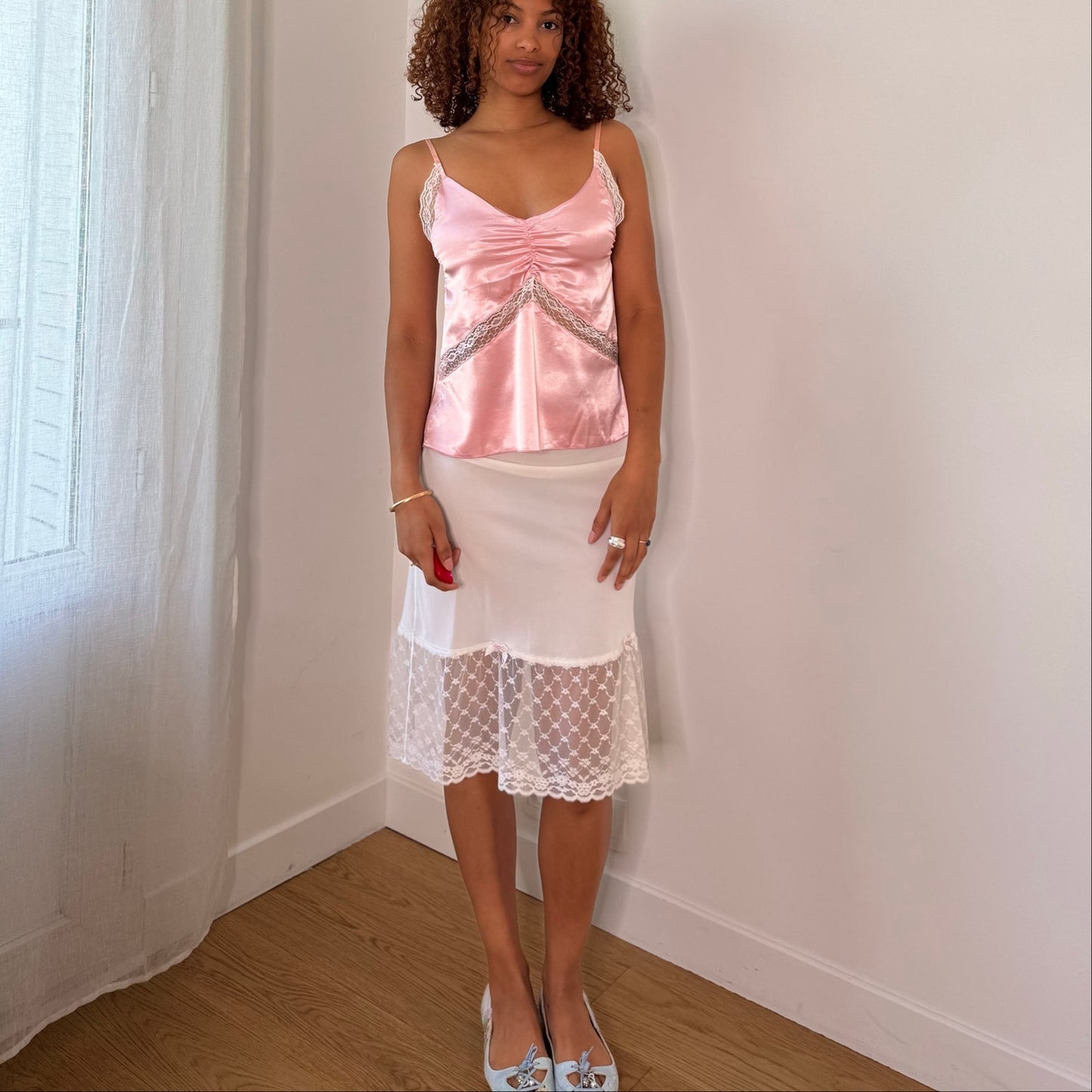 Vintage Pink Satin White Lace Camisole Cami Top Euro Y2K (S)