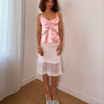 Vintage Pink Satin White Lace Camisole Cami Top Euro Y2K (S)