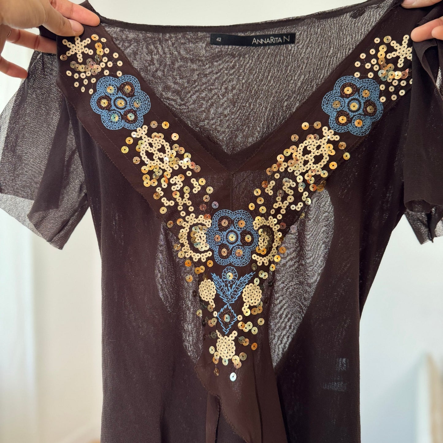 Vintage Annarita N Brown Sequin Embroidered Open Back Top Italian Y2K (S)