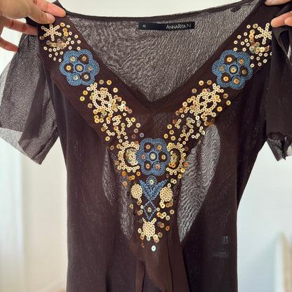Vintage Annarita N Brown Sequin Embroidered Open Back Top Italian Y2K (S)