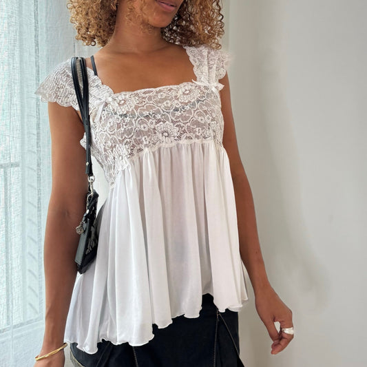 Vintage White Lace Babydoll Top Cap Sleeve Empire Waist Italian Y2K (S)