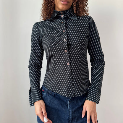 Vintage Italian Black Pinstripe Button Up Shirt Fitted Cotton (XS)