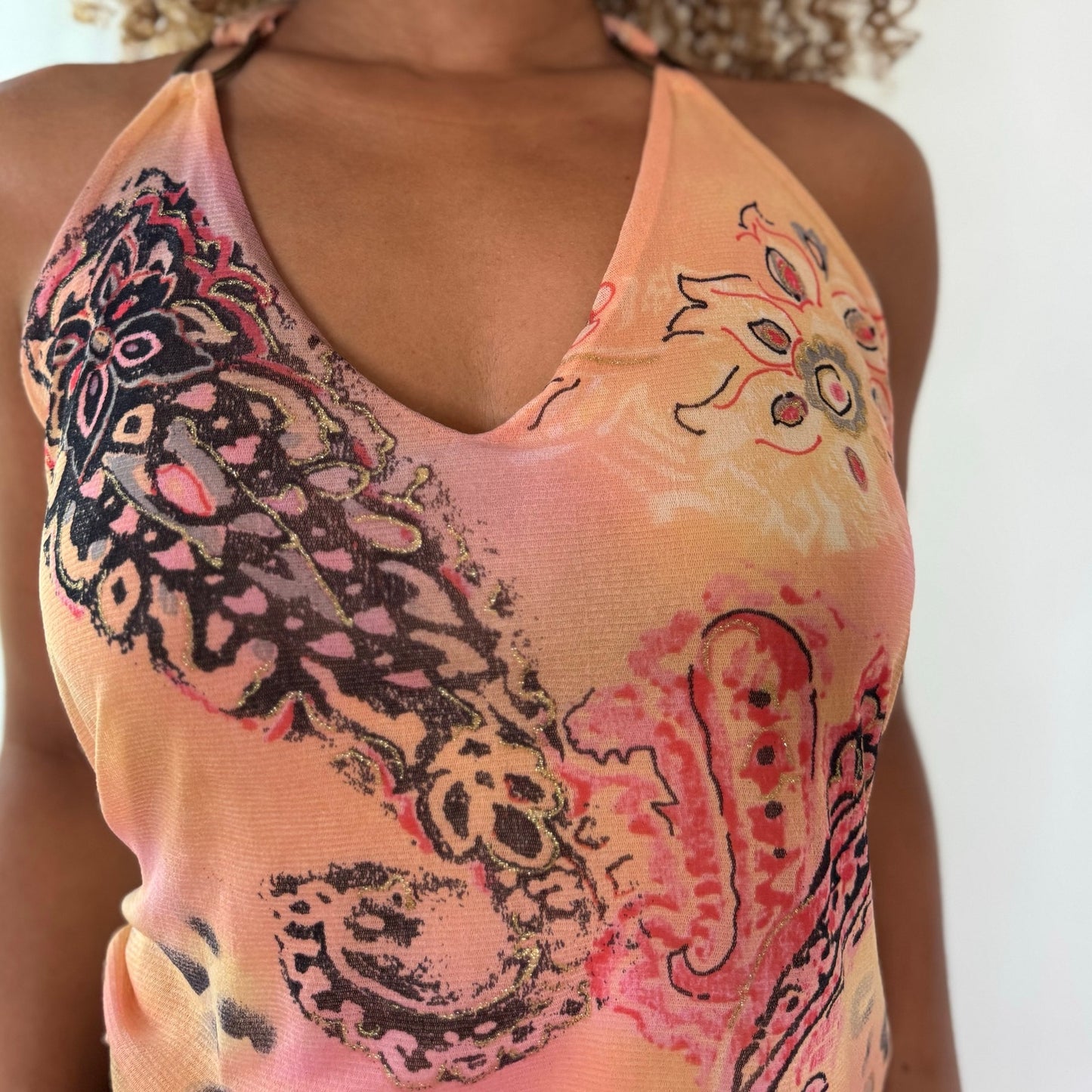 Vintage Peach Orange Pink Paisley Layered Mesh Halter Top Italian Y2K (S/M)