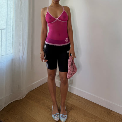 Vintage Pink Sheer Mesh Cami Top Lace Trim Y2K Lingerie Style Top (S) ⠀