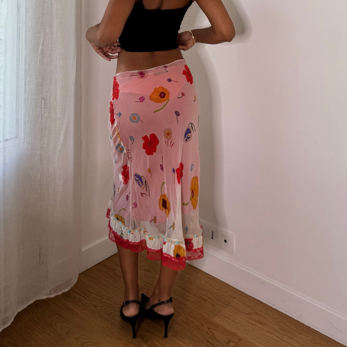 Twin-Set Italian Vintage Pink Red Floral 100% Silk Mesh Midi Skirt with Lace Ruffle Hem