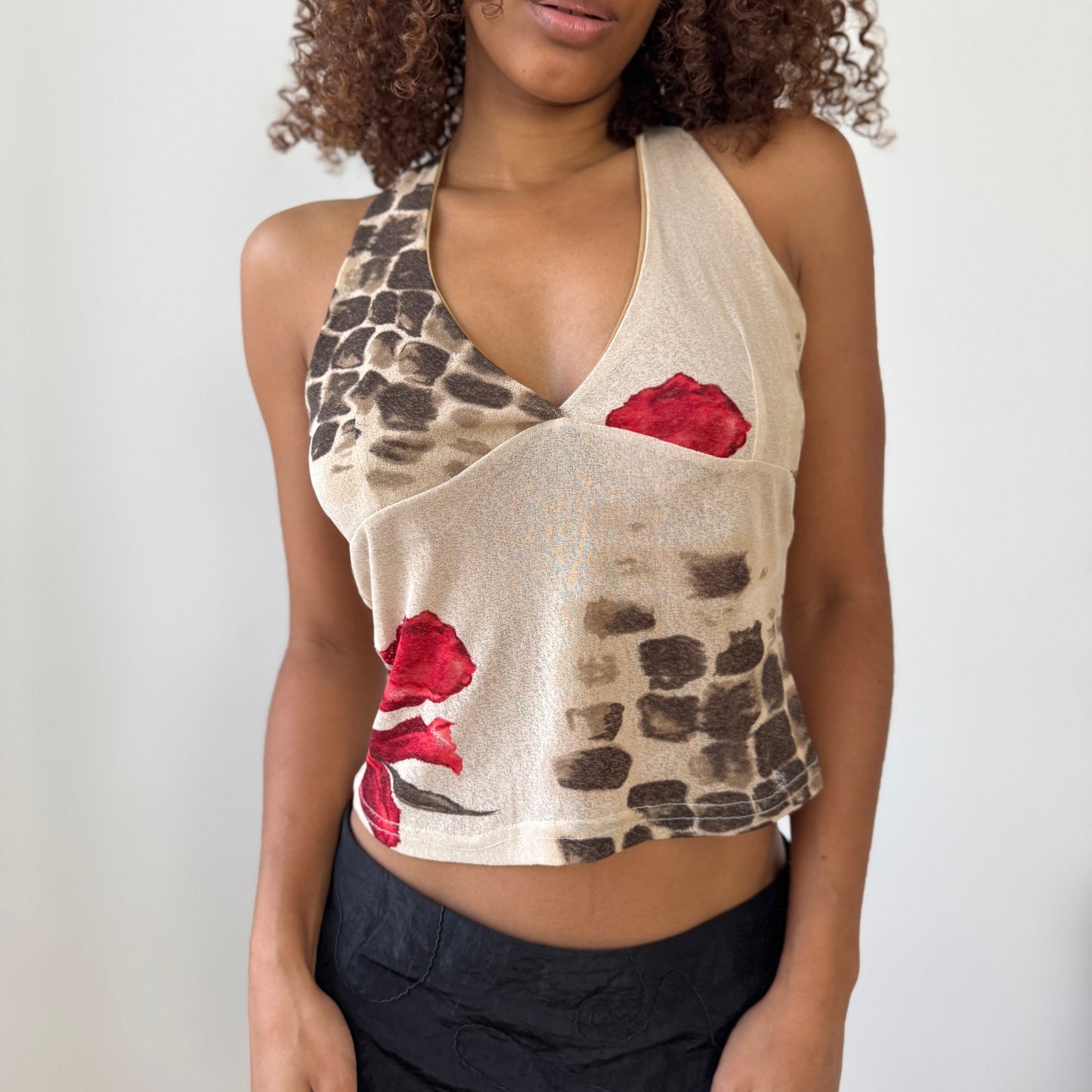 Vintage Italian rose-print mesh halter top (Small)
