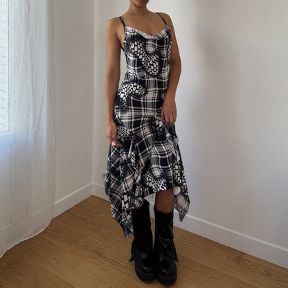 Vintage French Check Midi Dress Asymmetrical Hem (S)