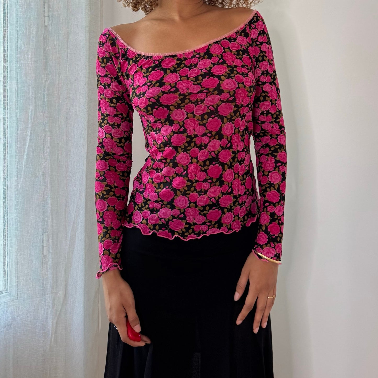 Vintage Black Pink Rose Mesh Long Sleeve Top Y2K (S/M)