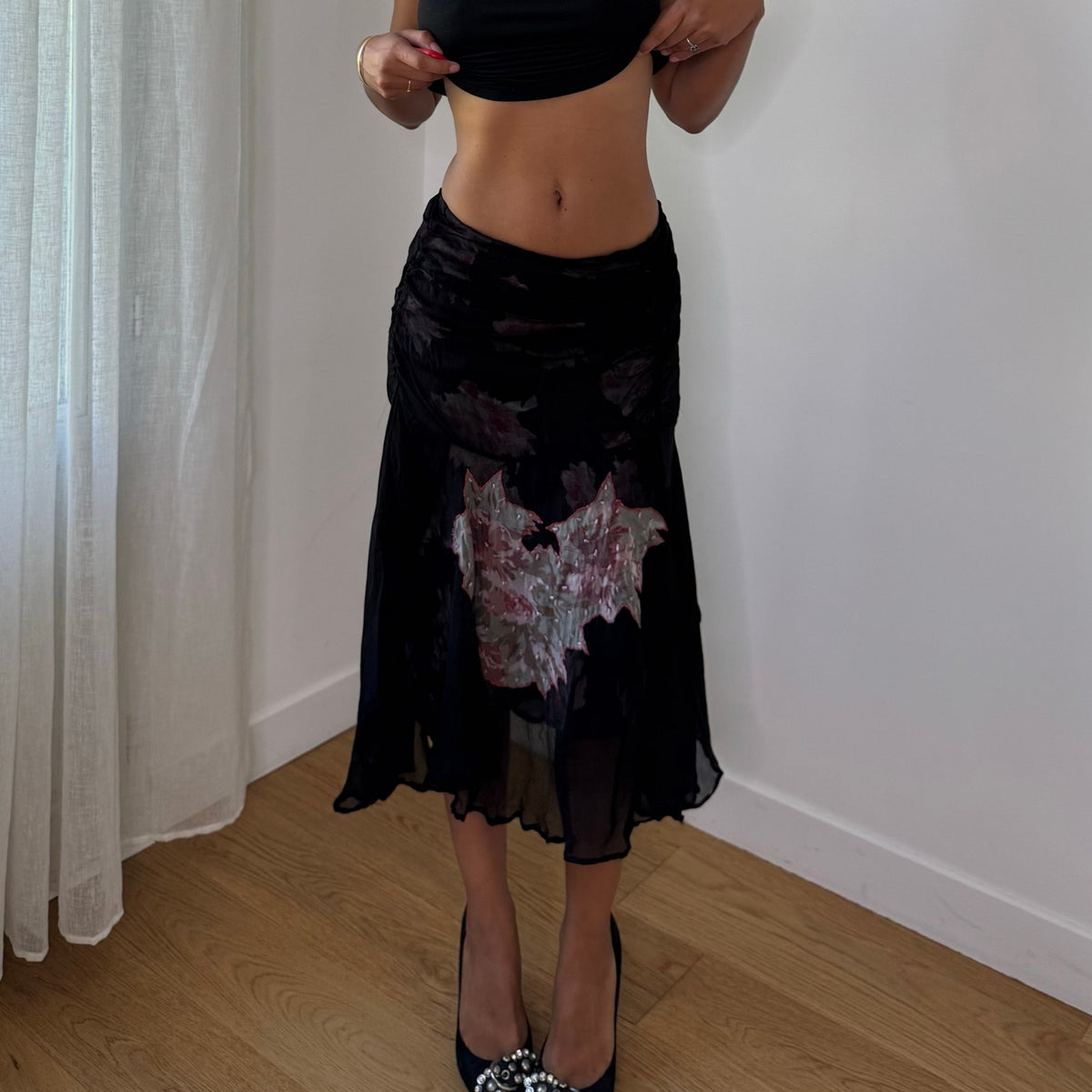 Vintage Derhy Floral Beaded Mesh Skirt (XS/S)
