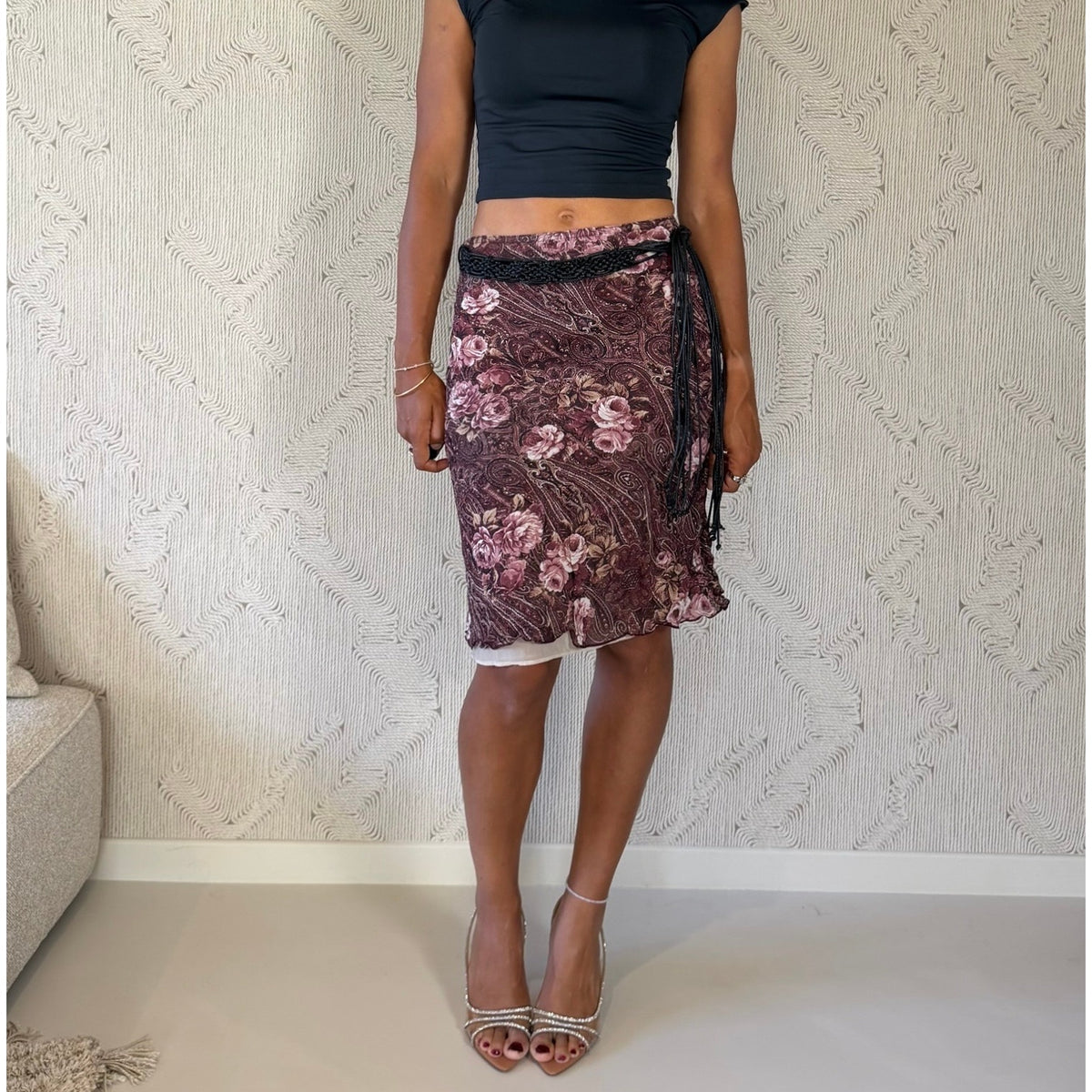 French vintage Y2K burgundy pink floral paisley mesh pencil skirt with braided fringe belt