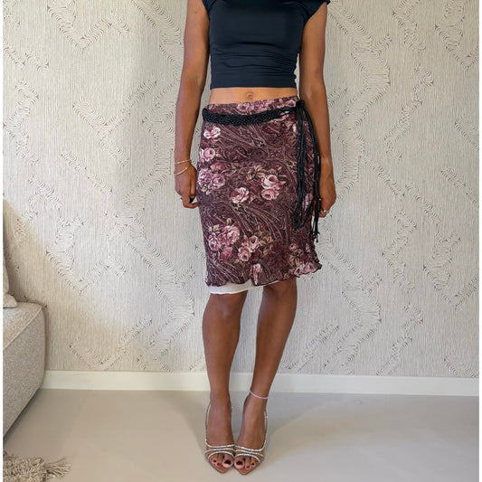 French vintage Y2K burgundy pink floral paisley mesh pencil skirt with braided fringe belt