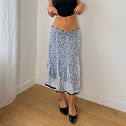 Vintage Italian blue floral chiffon midi skirt with silk ruffle inserts (S/M)