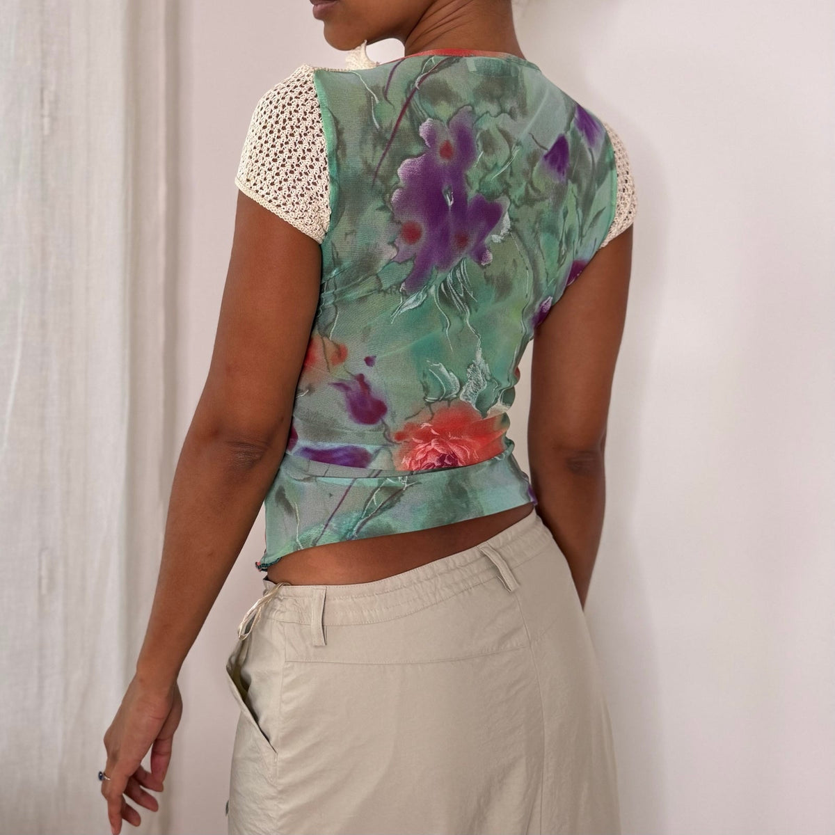 Sonia Fortuna Italian vintage turquoise floral mesh top with crochet ruffle neckline & cap sleeves