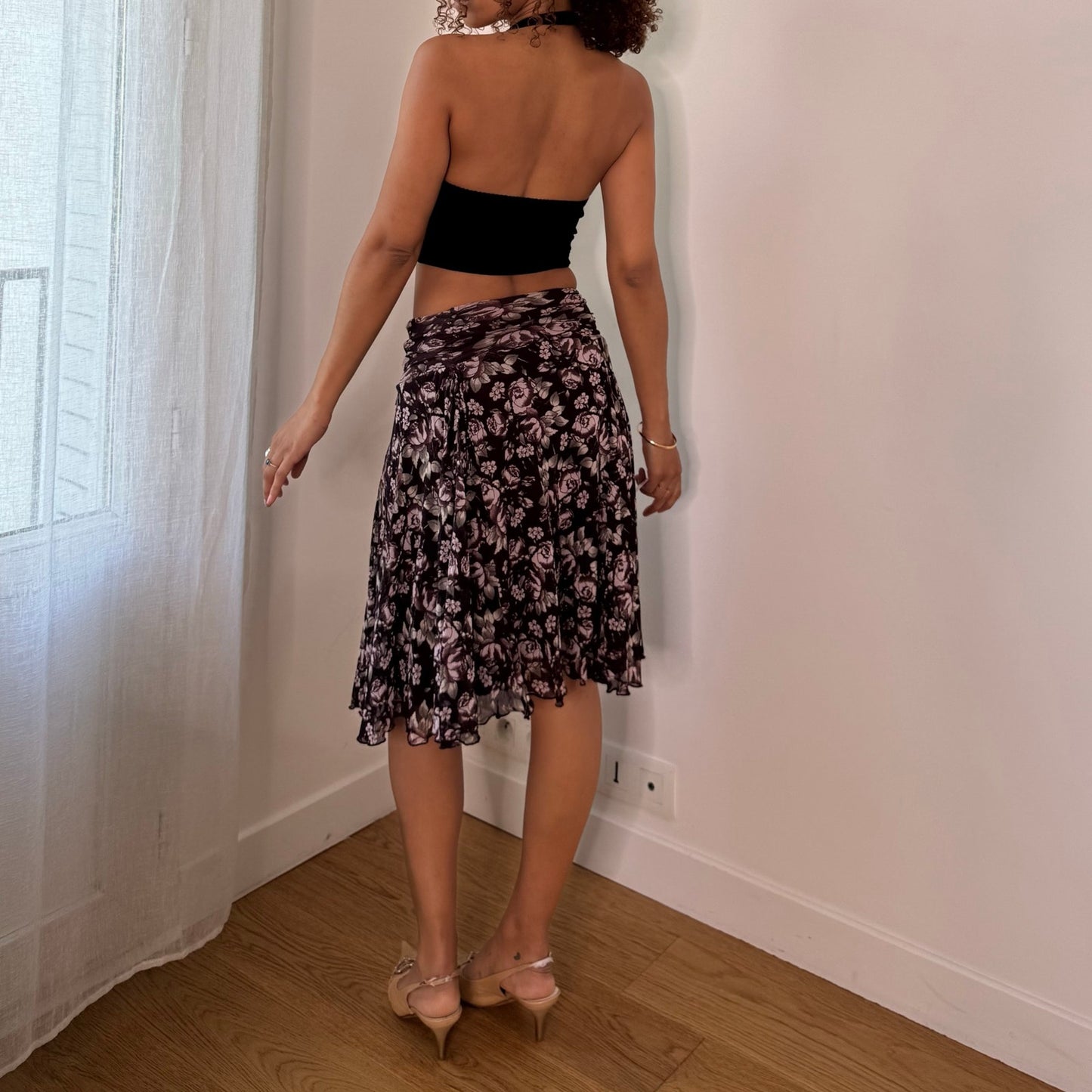Vintage Kookai Purple Pink Floral Mesh Midi Skirt French Y2K (XS)