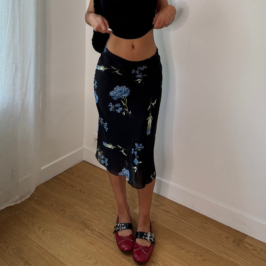 Vintage Black Blue Floral Mesh Midi Skirt Sheer Layered Y2K Skirt (S) ⠀