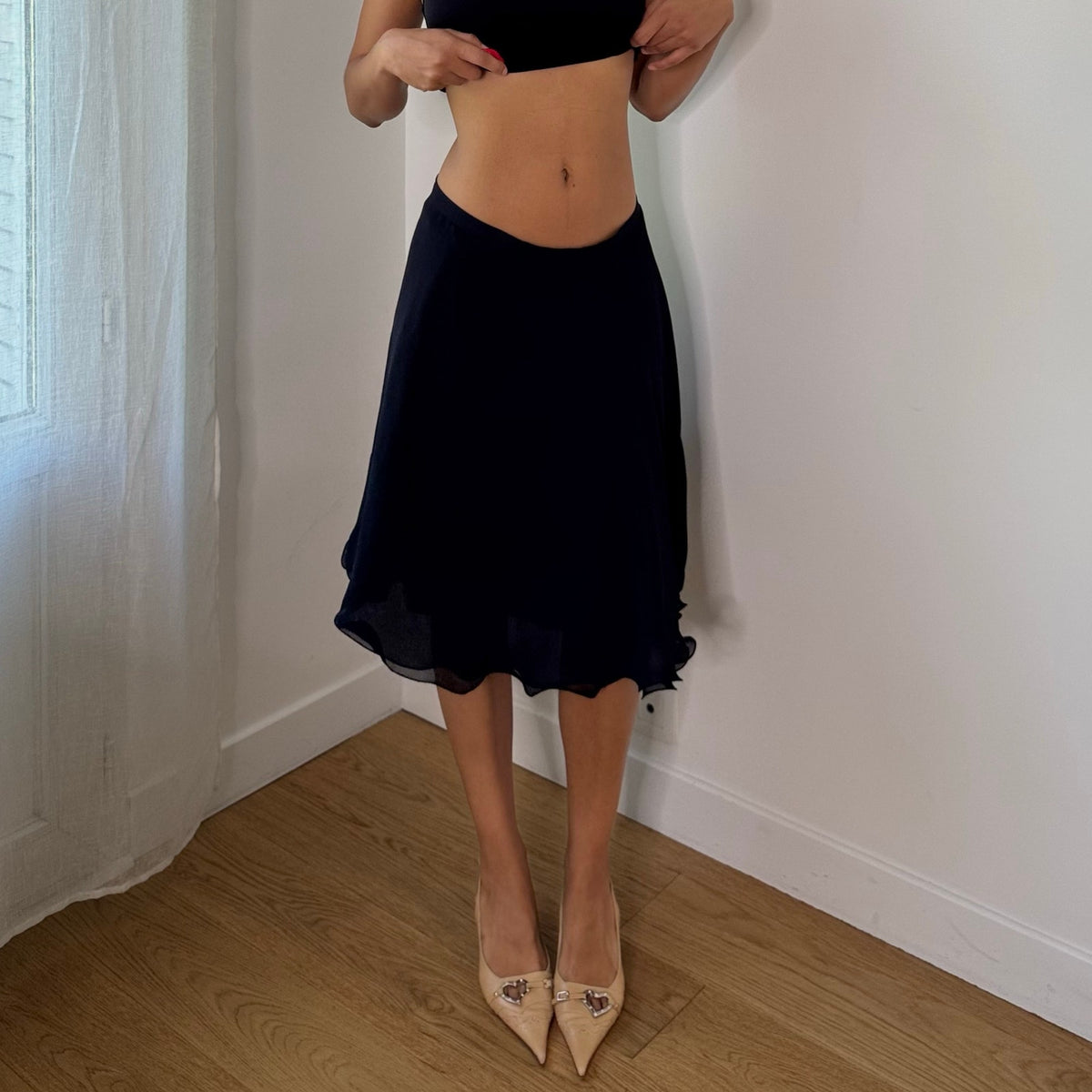 Vintage Italian Black Flowy Mesh Midi Skirt (S)