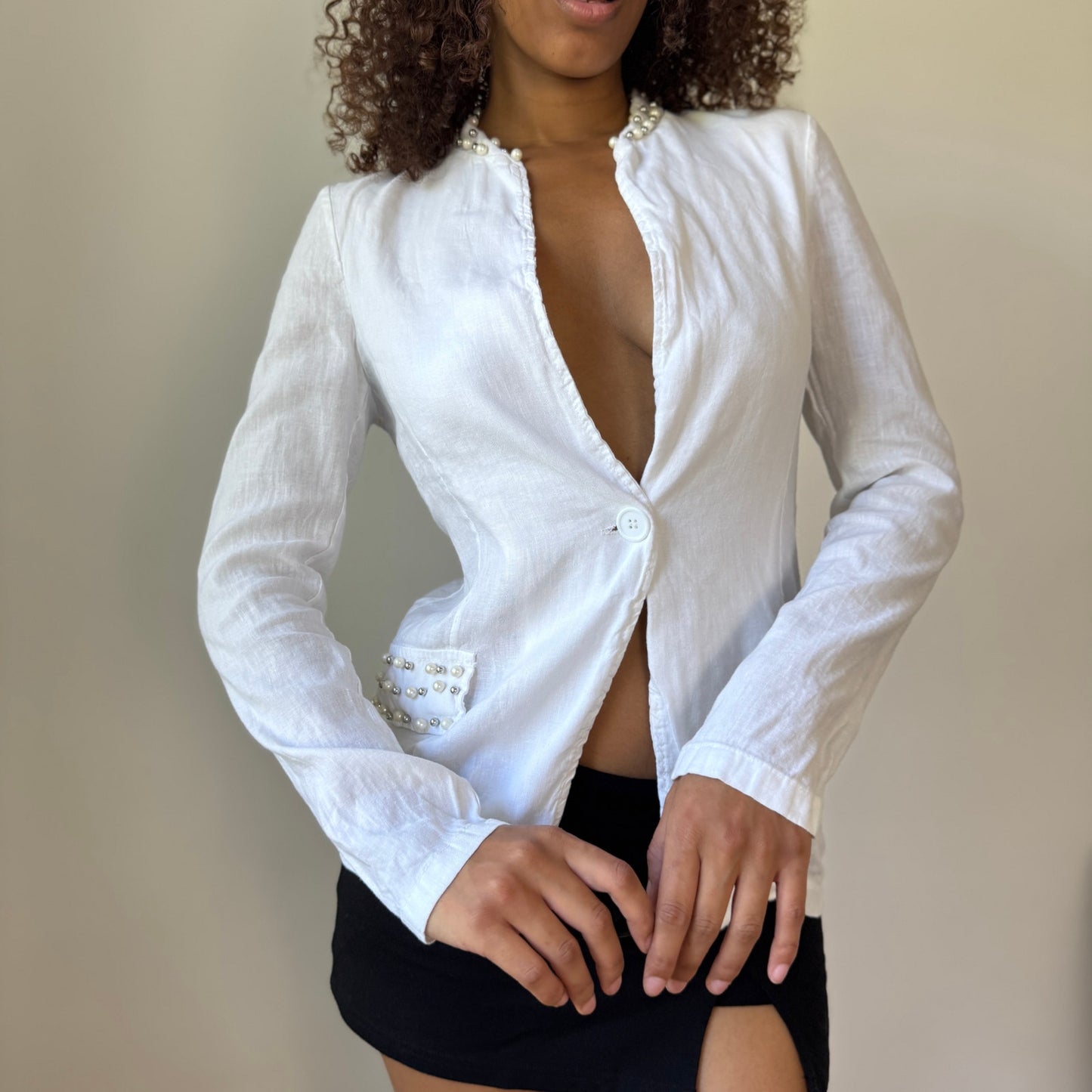 Vintage Euro White Linen Blazer with Pearl and Stud Detail (S)