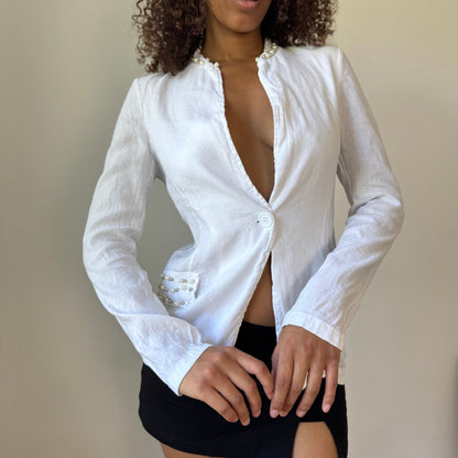 Vintage Euro White Linen Blazer with Pearl and Stud Detail (S)