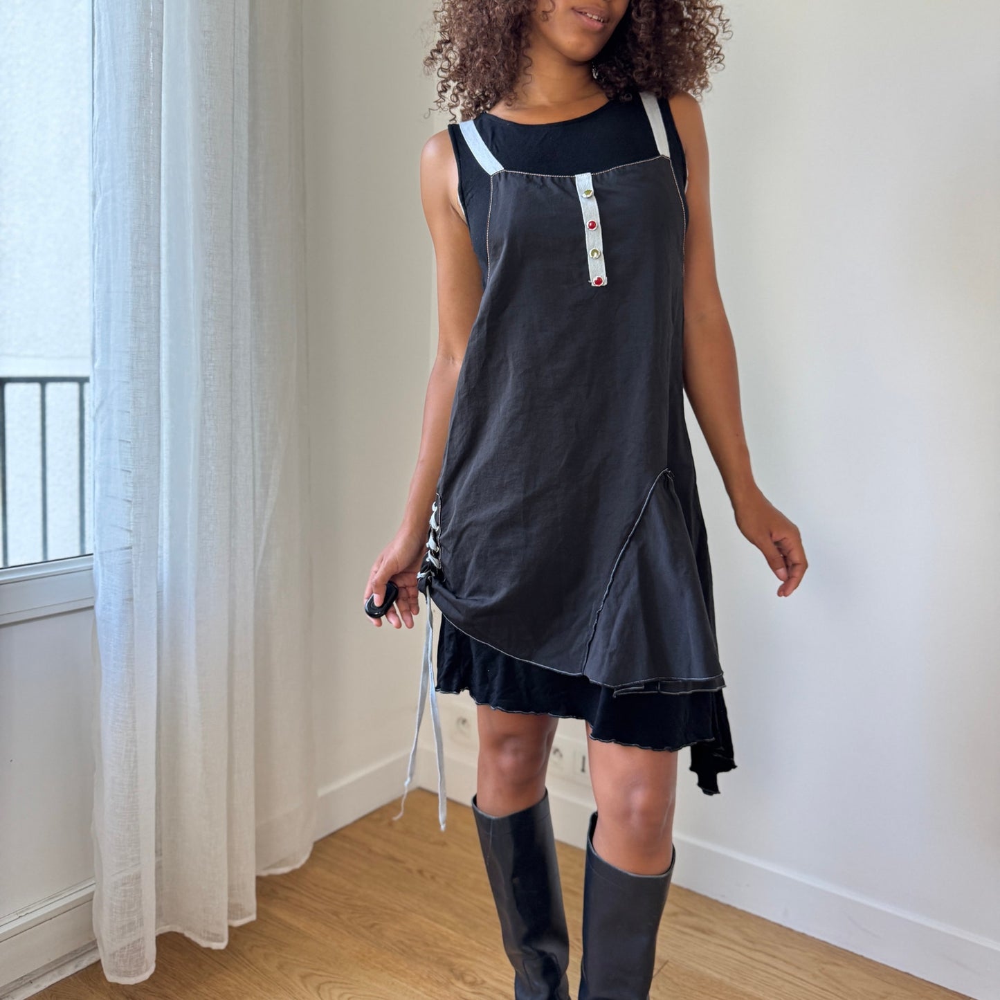 Vintage Deconstructed Apron-Layer Mini Dress (M)