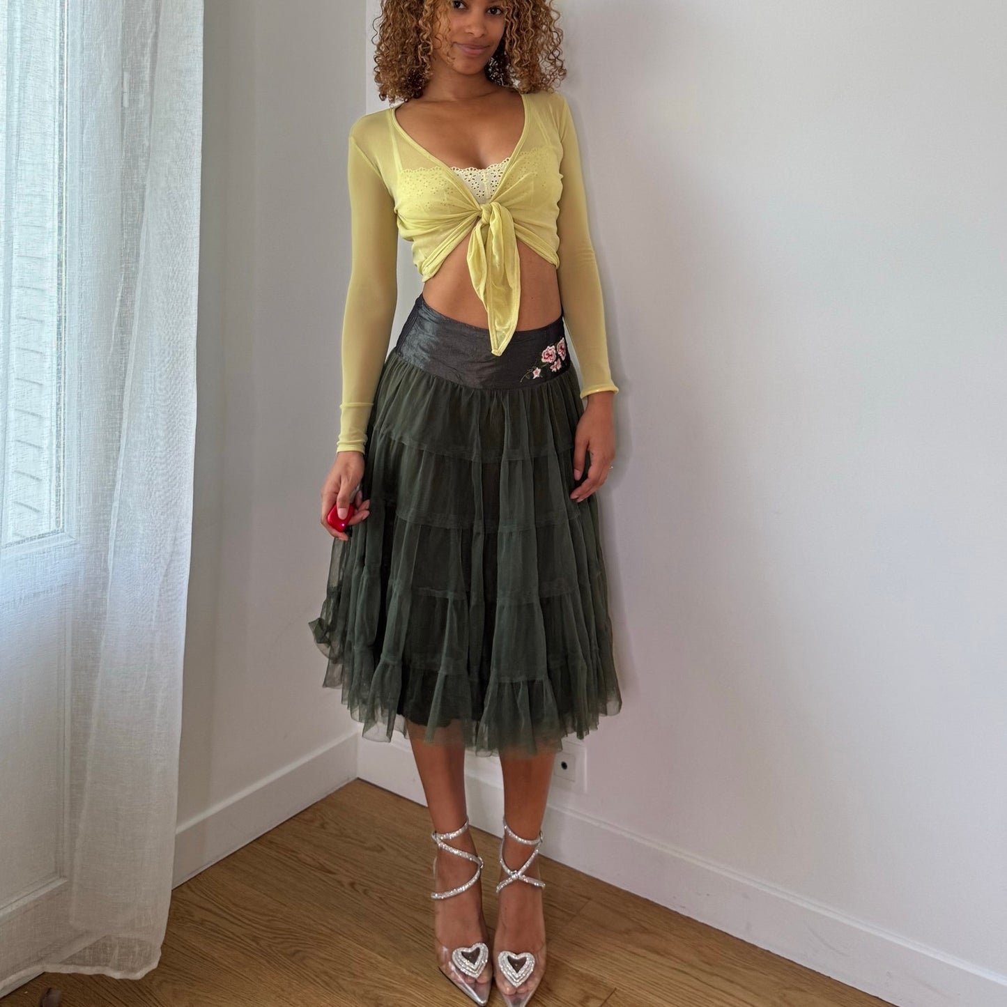 Vintage Olive Green Tulle Floral Embroidered Midi Skirt Italian Y2K (XS/S)