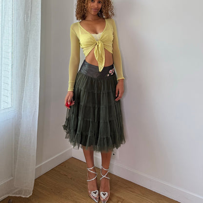 Vintage Olive Green Tulle Floral Embroidered Midi Skirt Italian Y2K (XS/S)