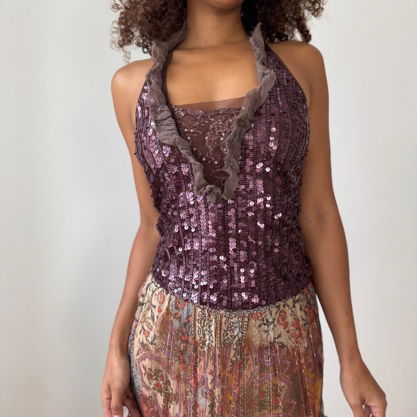 Vintage Pinko Ruffled Sequin Mesh Halter Top (S)