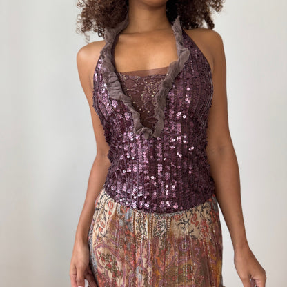 Vintage Pinko Ruffled Sequin Mesh Halter Top (S)