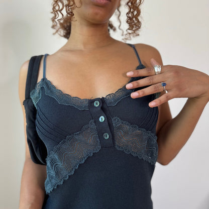 Vintage Navy Blue Lace Button Knit Cami Top Italian Y2K (S/M)