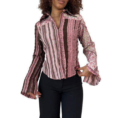 Vintage French Mixed Print Shirt Flared Cuffs (XS/S)
