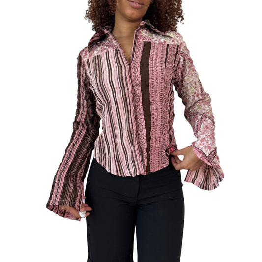 Vintage French Mixed Print Shirt Flared Cuffs (XS/S)