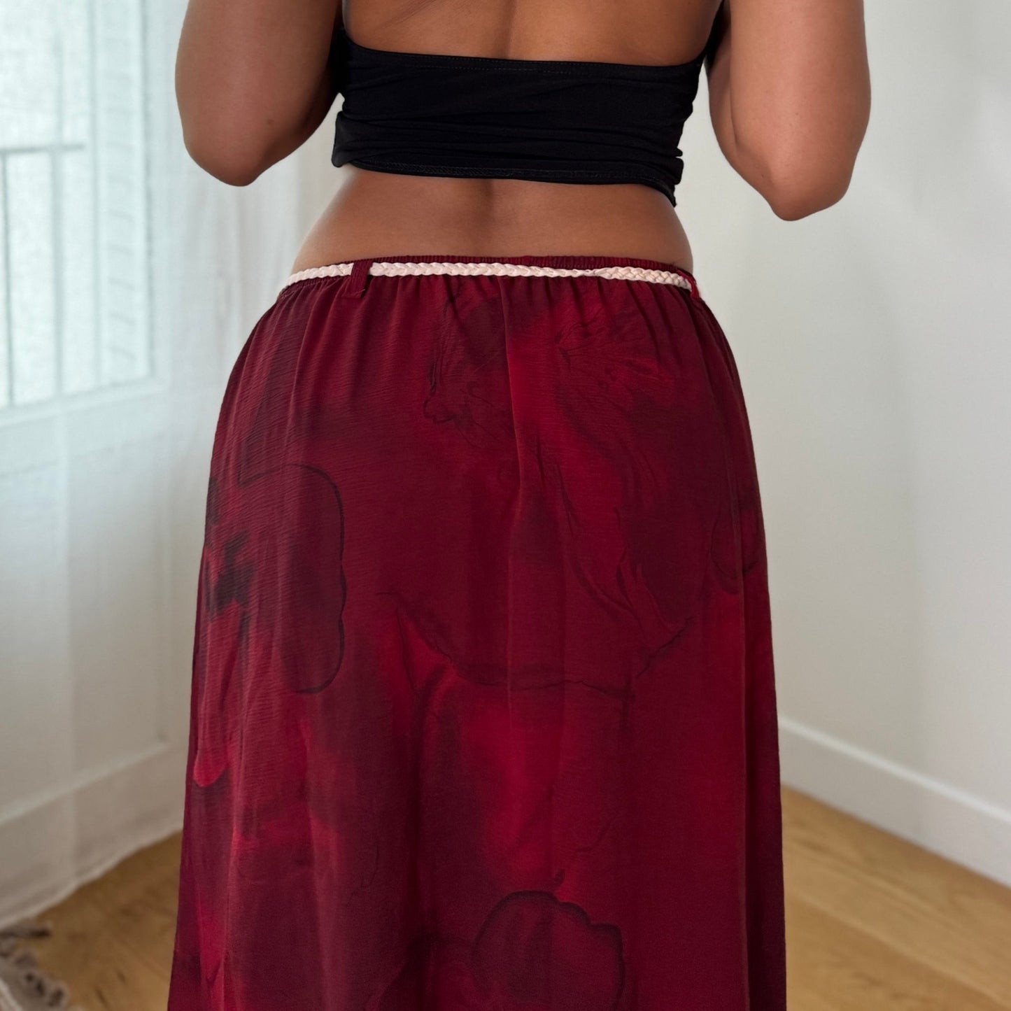 Vintage Burgundy Mesh Maxi Skirt Sheer Layer Y2K Italian Skirt (S) ⠀
