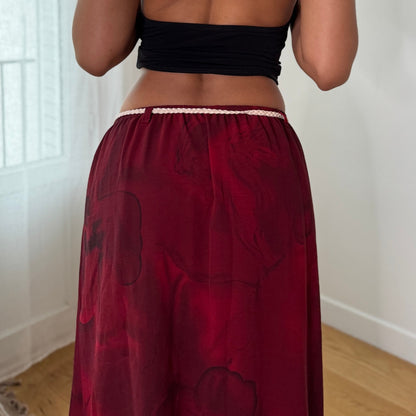 Vintage Burgundy Floral Mesh Maxi Skirt Sheer Layer Italian Y2K (S)