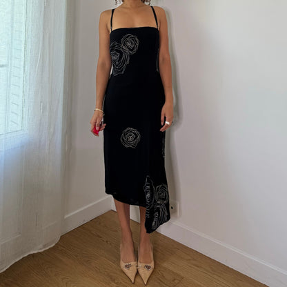 Vintage Celyn B Black White Rose Floral Mesh Midi Dress Italian Y2K (S)