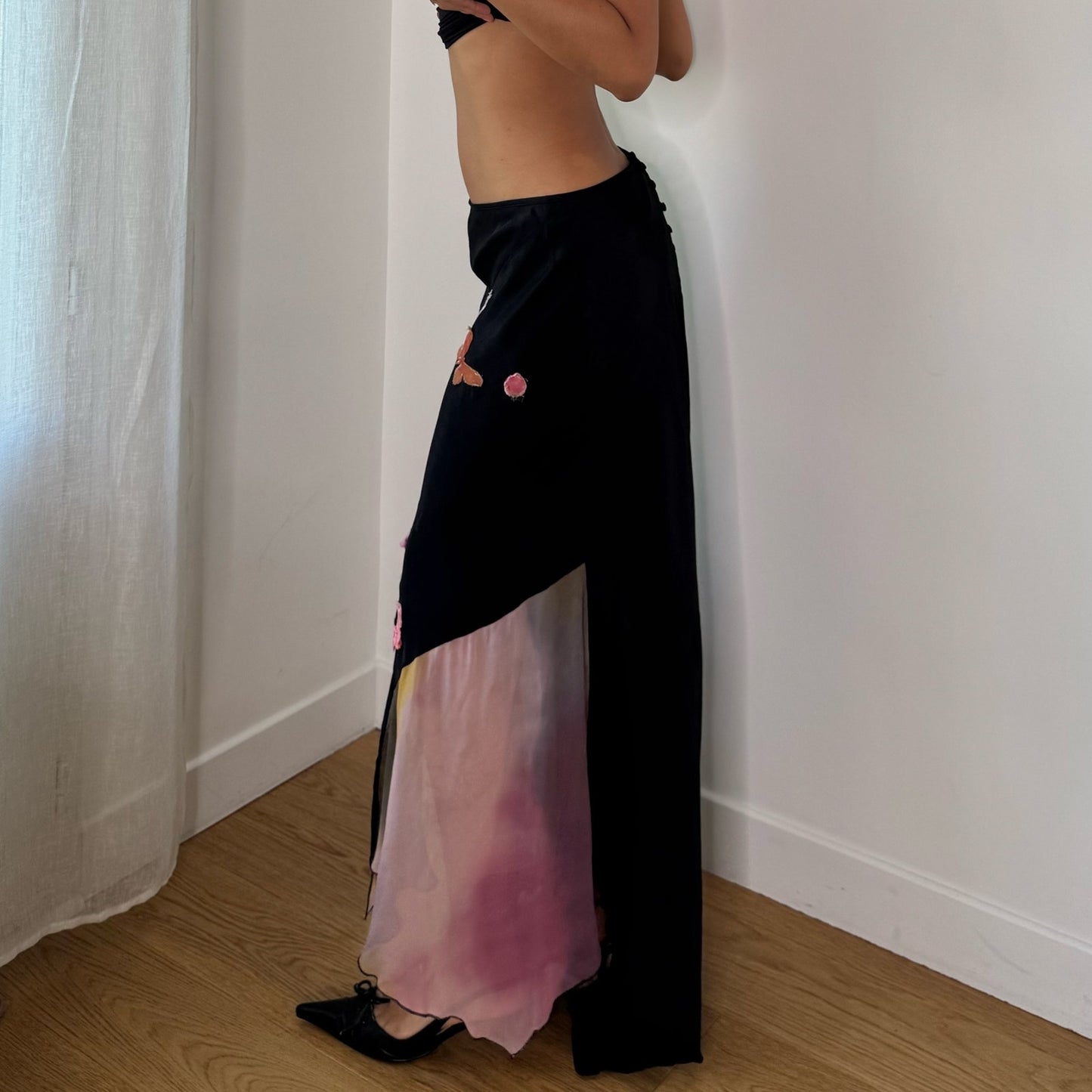 Vintage Black Pink Floral Butterfly Lace Asymmetrical Maxi Skirt Spain Y2K (S)