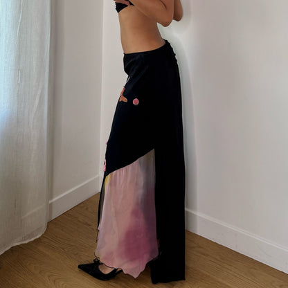 Vintage Black Pink Floral Butterfly Lace Asymmetrical Maxi Skirt Spain Y2K (S)